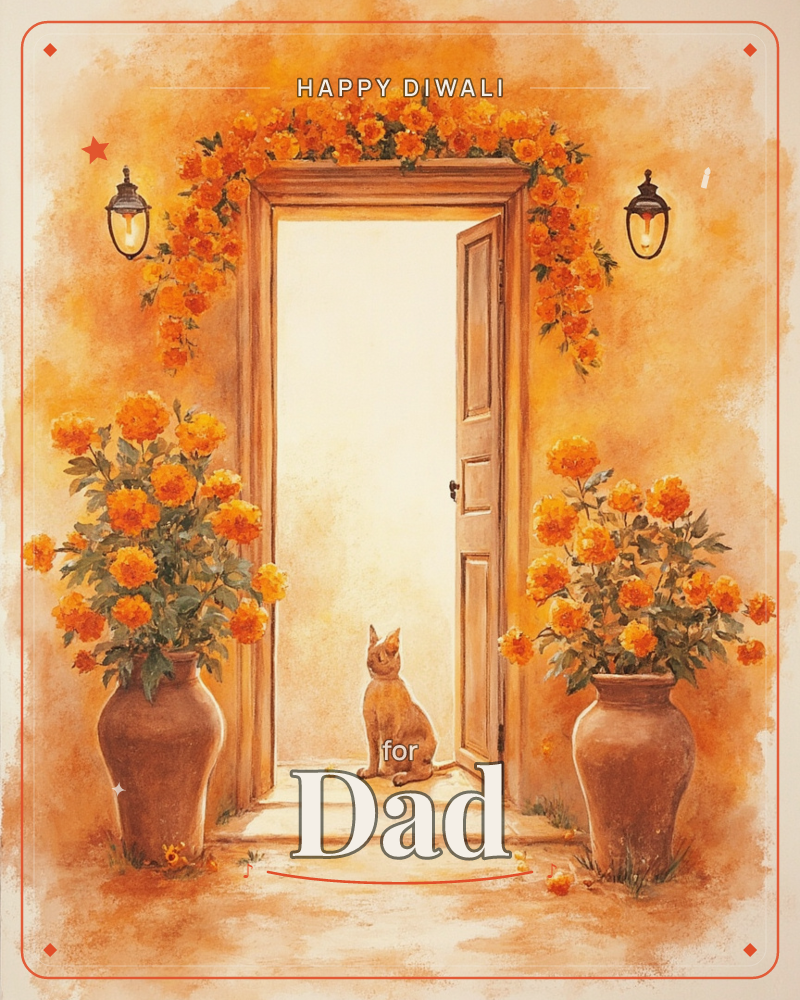 A sun-warmed doorway is framed by climbing orange blossoms and flanked by two terracotta urns overflowing with marigold-coloured flowers, a diwali e-card design