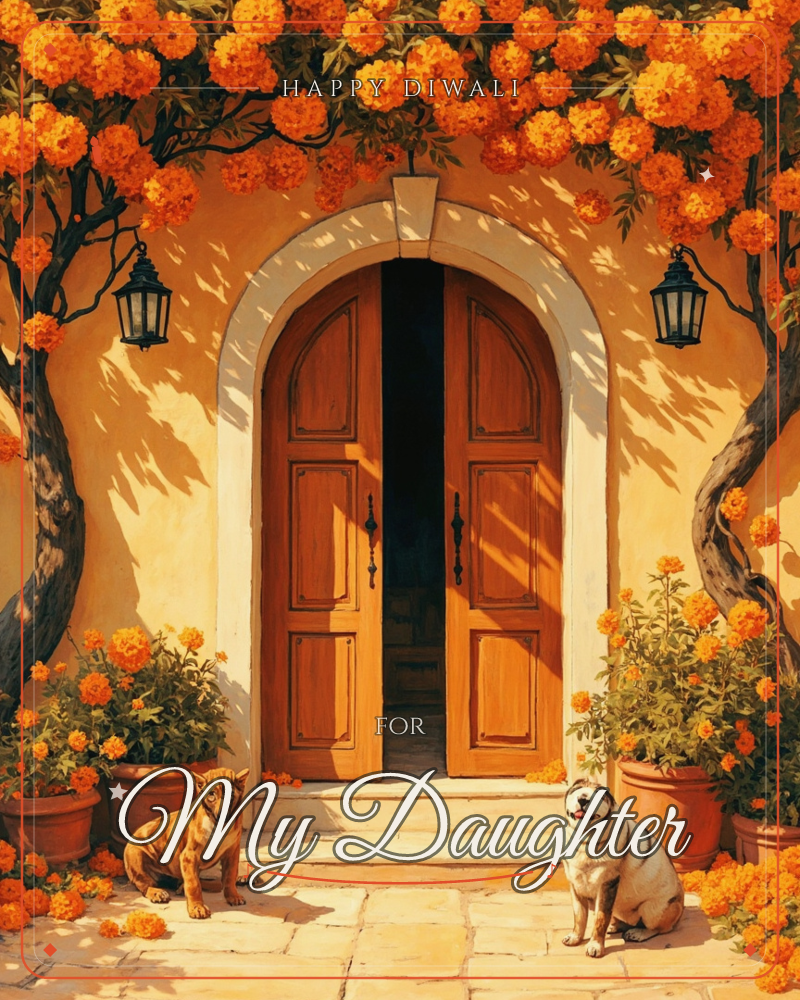 A sunlit archway with tall wooden doors stands open in a golden stucco wall, framed by cascades of orange blossoms spilling from the trees above and…, a diwali e-card design