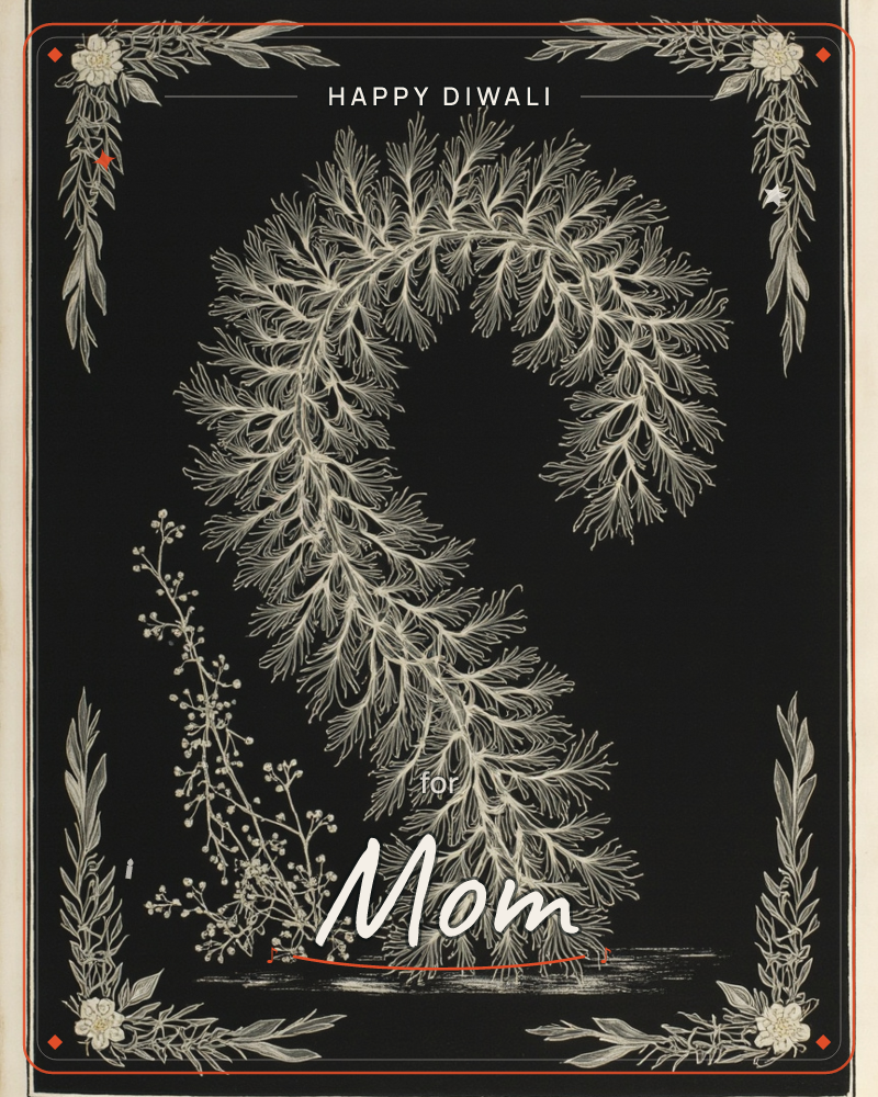 A pale, feathery frond curls into a shepherd's-crook shape against a deep black background, its delicate branches rendered almost like frost or lace, a diwali e-card design