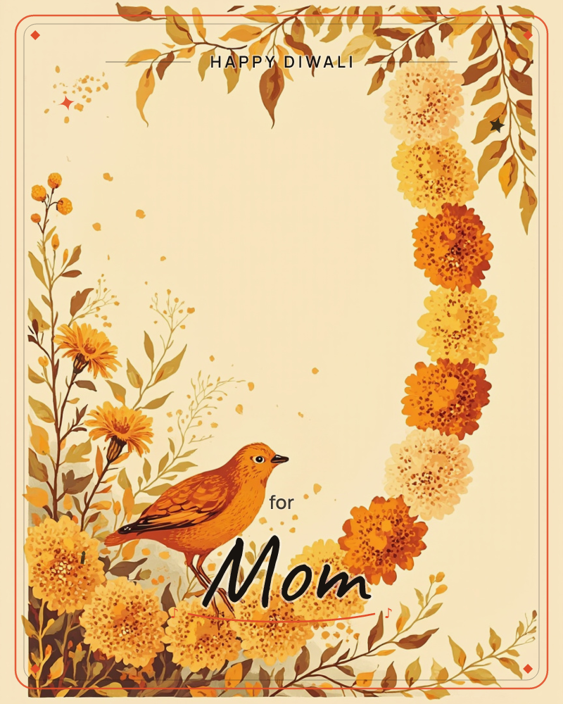 A small amber-feathered bird stands among marigolds and daisies at the base of a curving floral frame on a warm cream background, a diwali e-card design