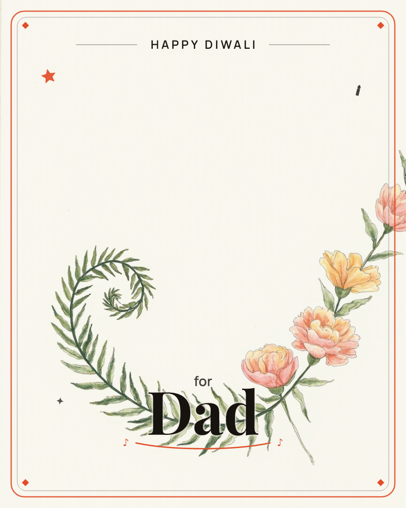 A curling fern frond spirals in from the left, its coiled tip unfurling like a shepherd's crook, while a string of peonies in coral, peach and apricot…, a diwali e-card design