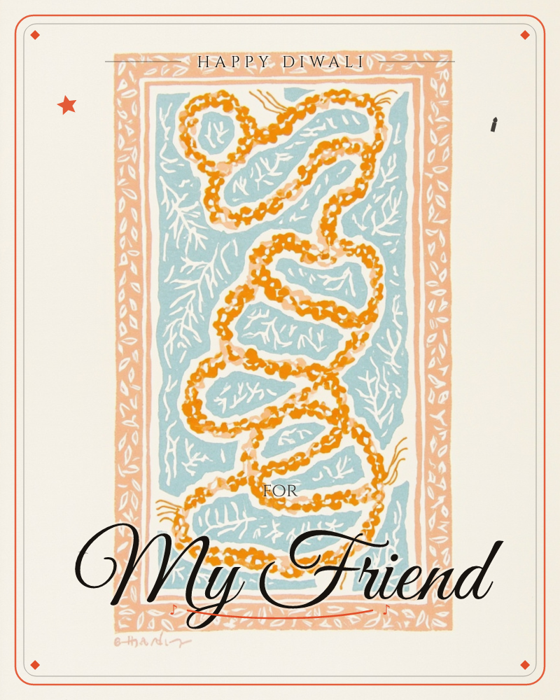 A stylised orange snake winds in tight loops down the centre of the card, its beaded body coiling against a soft blue background patterned with…, a diwali e-card design