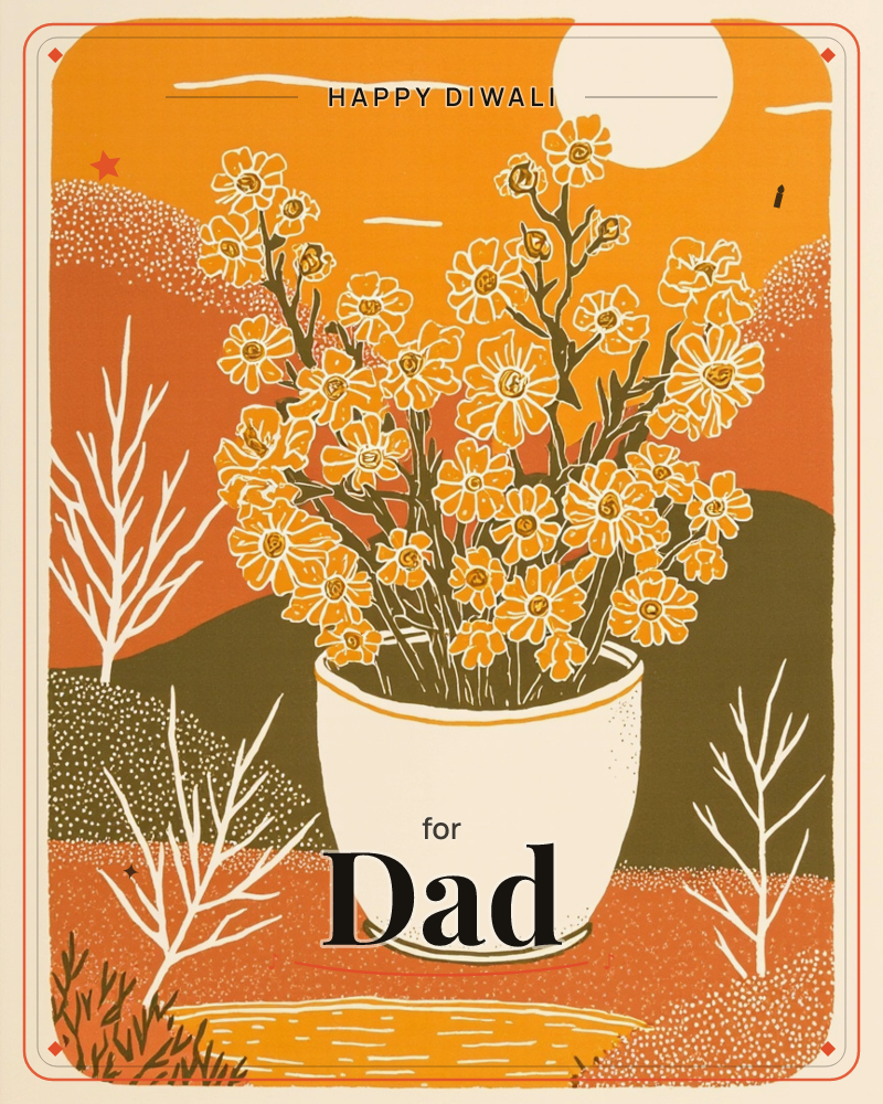 A cream pot overflows with golden daisy-like blooms, set against a burnt-orange sky and rolling olive hills, a diwali e-card design