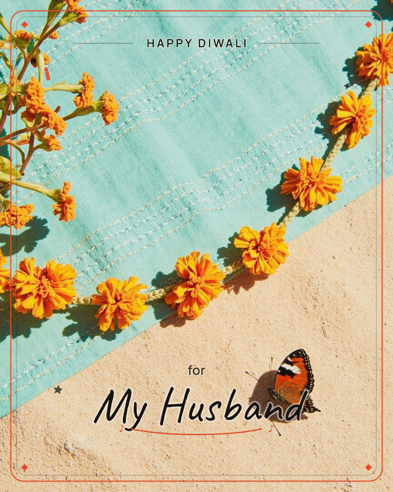 A woven garland of marigold blooms trails diagonally across a turquoise stitched cloth laid on pale sand, with loose sprigs of the same orange flowers…, a diwali e-card design
