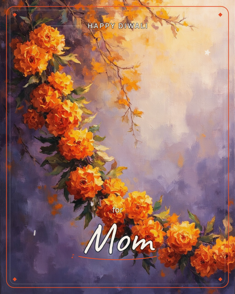 A cascading branch of vivid orange marigold-like blooms curves diagonally down the canvas, set against a soft, hazy backdrop of dusky lavender and…, a diwali e-card design
