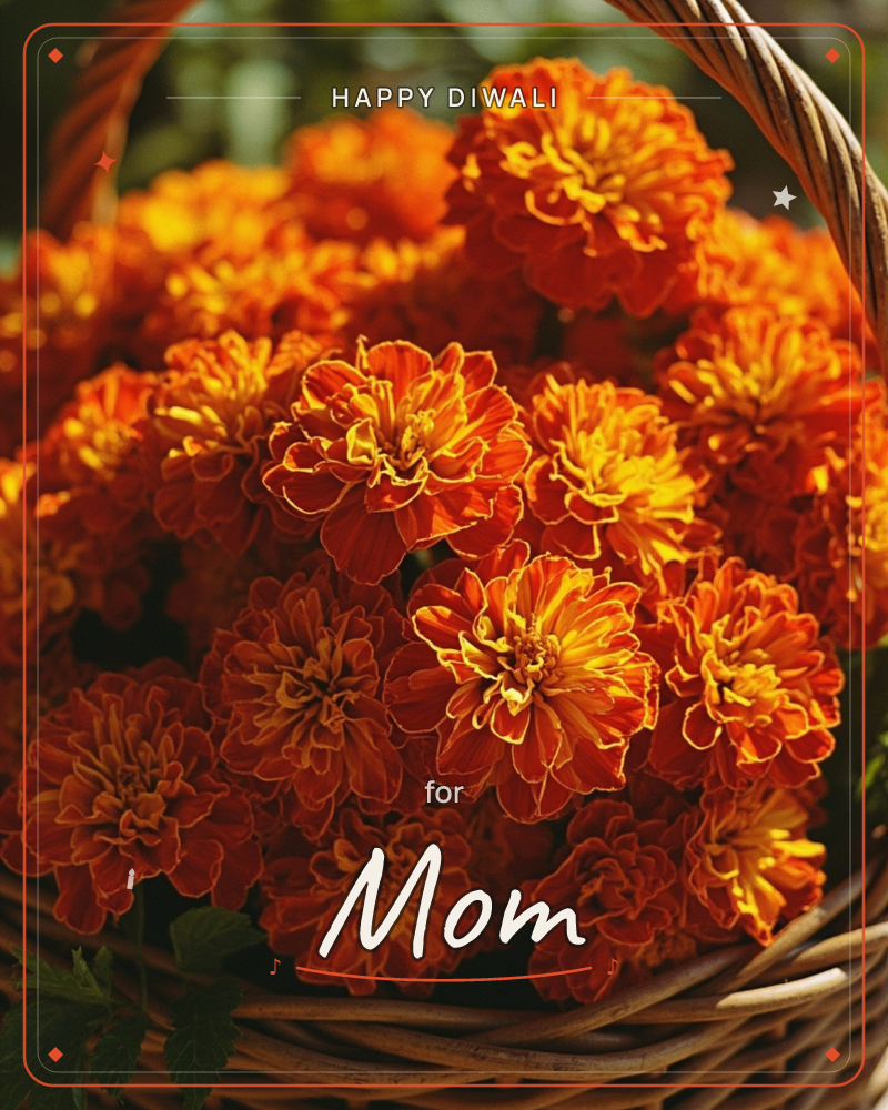 A woven wicker basket brims with freshly cut marigolds, their ruffled orange and gold petals catching warm sunlight, a diwali e-card design