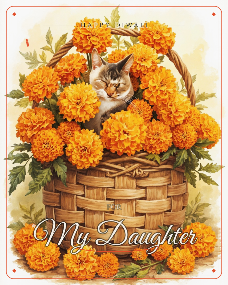 A woven wicker basket overflows with fluffy orange marigolds, and nestled among the blooms a tabby cat sits with eyes closed in quiet contentment, a diwali e-card design
