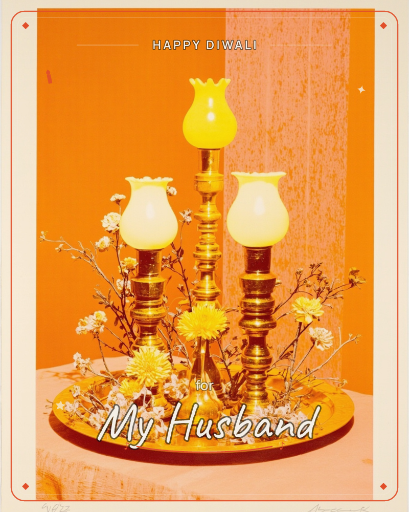 Three brass candlestick lamps with frilled glass shades, one yellow, two creamy white, stand at staggered heights on a round brass tray, surrounded by…, a diwali e-card design