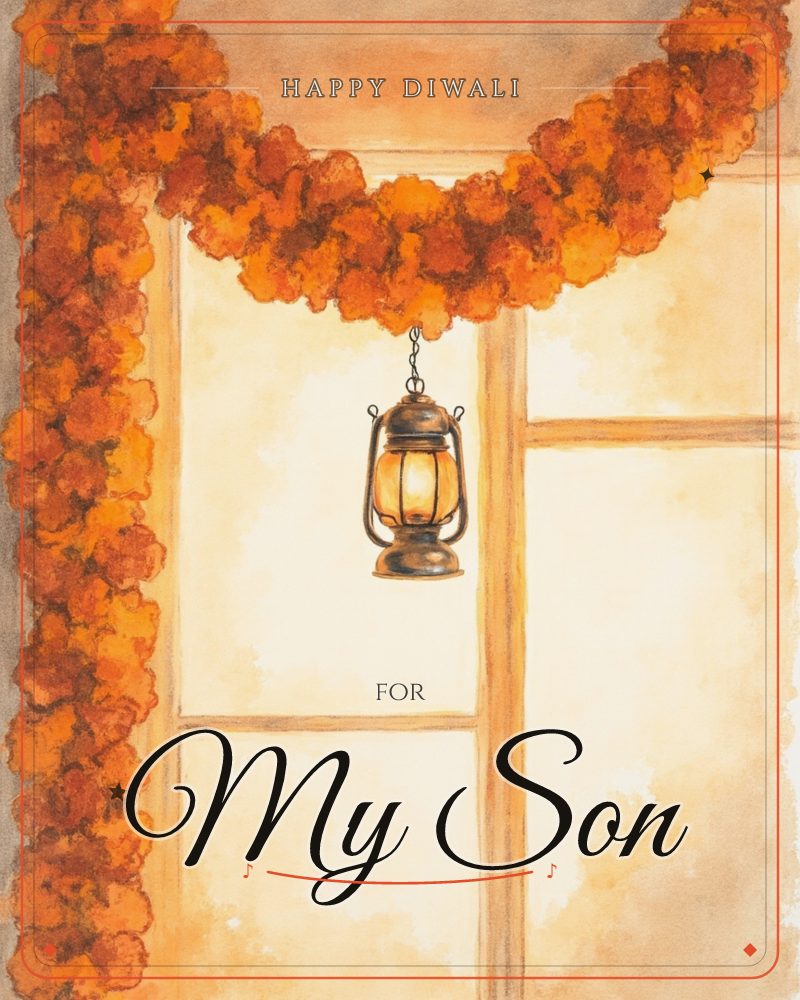 A garland of orange marigolds drapes across the top of a paned window, framing a small brass lantern that hangs from a chain and glows softly against…, a diwali e-card design