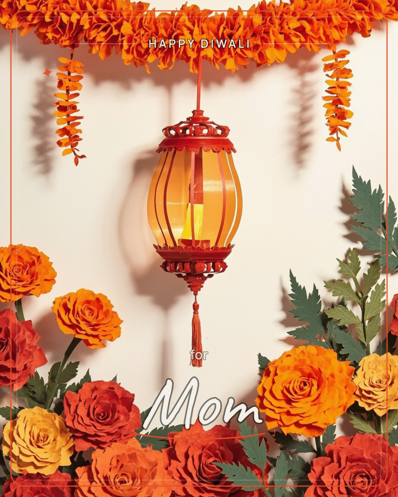 A glowing red lantern with a golden tassel hangs from a garland of marigold-orange paper flowers, framed below by a thick border of paper roses in…, a diwali e-card design
