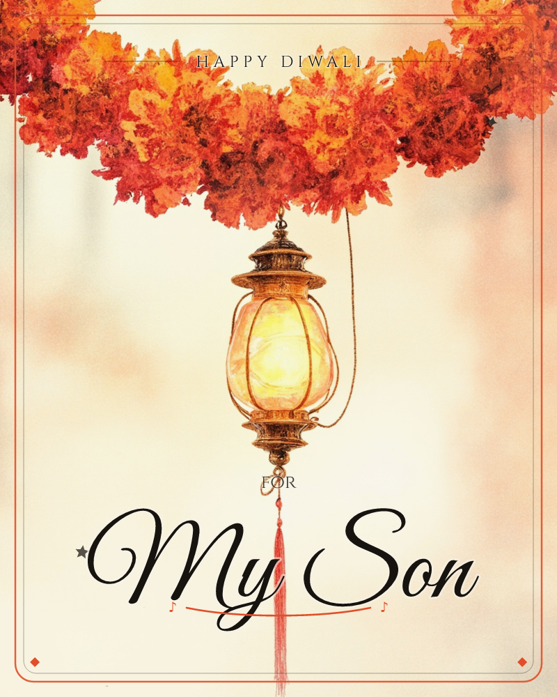 A brass lantern glows softly beneath a swag of marigold-orange blooms, its glass panels lit from within like candlelight, a diwali e-card design