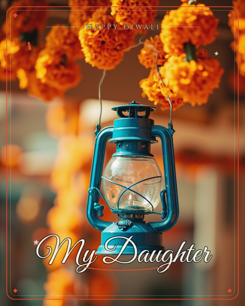A teal metal lantern hangs from a string beneath garlands of marigold flowers, its glass panes catching a warm glow against the soft blurred backdrop, a diwali e-card design