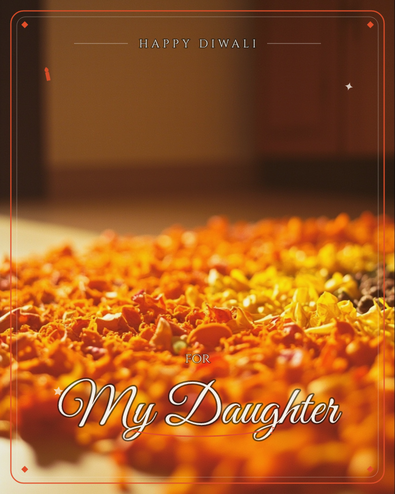 A close-up floor arrangement of marigold petals in deep orange and gold spreads across a sunlit wooden floor, shifting toward a scatter of dark seeds…, a diwali e-card design