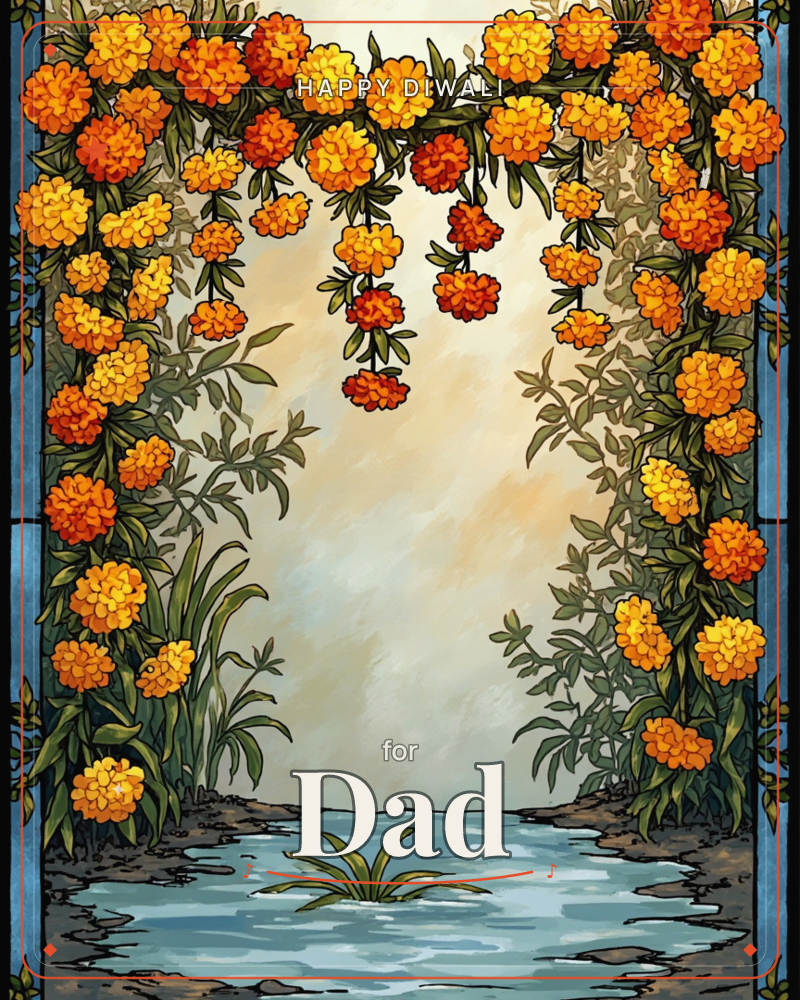 A stained-glass style archway is draped in cascading marigolds, their orange and gold blooms spilling down both sides like a curtain, a diwali e-card design