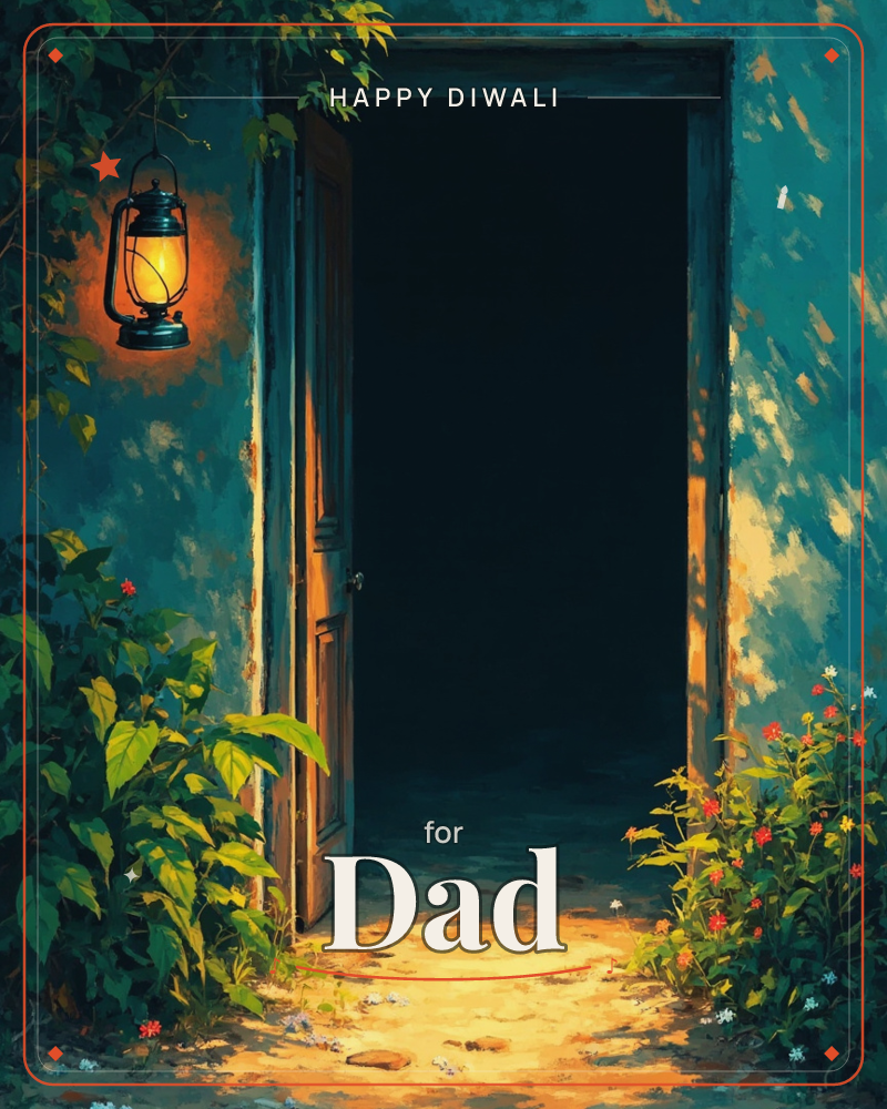 An open wooden door stands against a teal-washed wall, a lantern glowing beside it and casting warm light across the threshold into the dark room beyond, a diwali e-card design