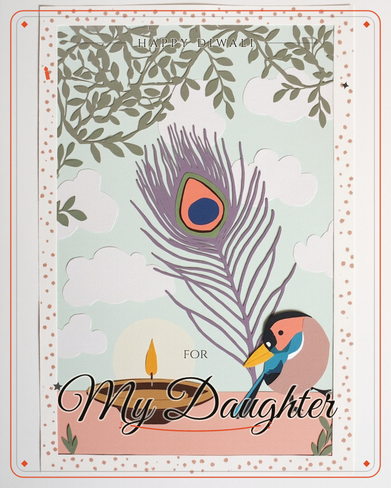 A stylised paper-cut illustration shows a large purple peacock feather standing upright beside a small oil lamp with a lit flame, while a plump bird…, a diwali e-card design