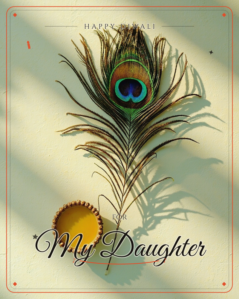 A single peacock feather lies against a warm cream wall, its iridescent blue-green eye catching the light while striped shadows fall diagonally across…, a diwali e-card design
