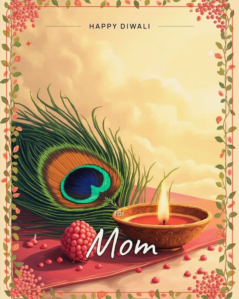 A single peacock feather rests beside a lit oil lamp on a deep pink cloth, with a cluster of small pink flowers nearby and scattered petals across the…, a diwali e-card design