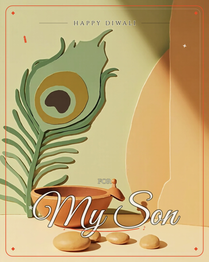 A paper-craft peacock feather rises tall against a sage-green backdrop, its layered fronds and golden eye cut with crisp precision, a diwali e-card design