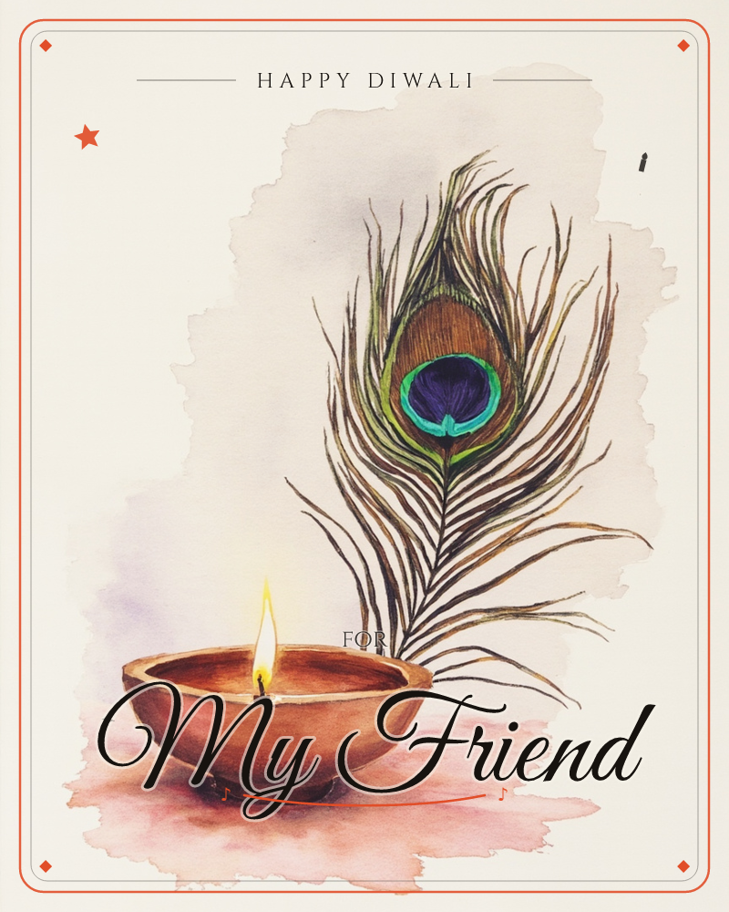 A small clay diya glows with a single flame beside a peacock feather standing upright behind it, its iridescent eye rendered in deep teal, violet and gold, a diwali e-card design
