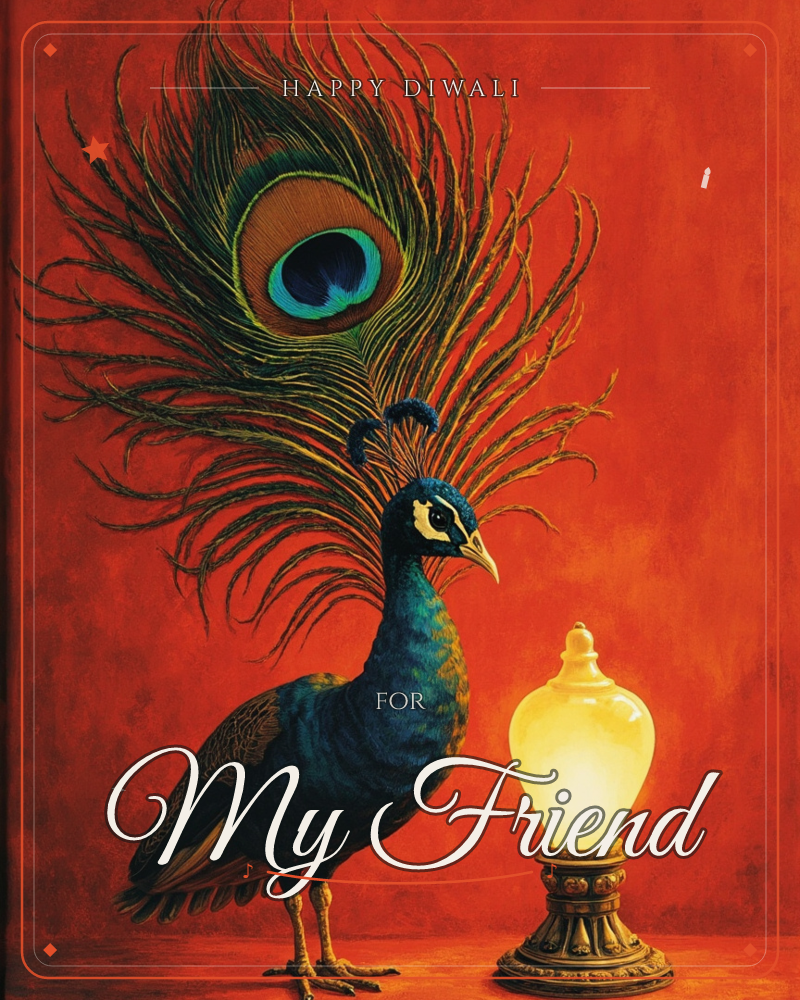 A peacock stands beside a glowing lamp against a deep red background, its single raised tail feather fanned out to show the iridescent eye pattern, a diwali e-card design