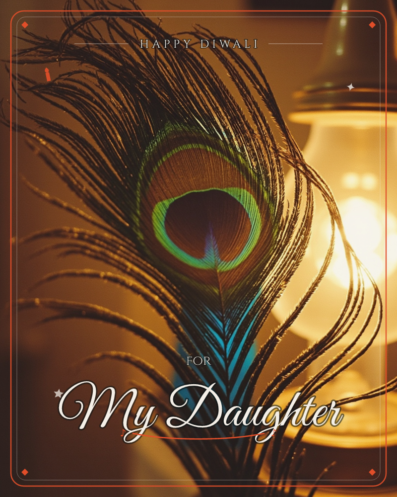 A single peacock feather stands upright against the warm glow of a lit lamp, its iridescent eye of green and blue catching the light while the room…, a diwali e-card design