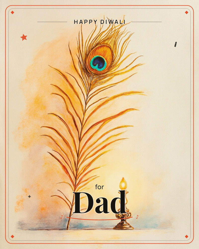 A single peacock feather stands tall against a warm amber wash, its eye rendered in vivid teal and gold, a diwali e-card design
