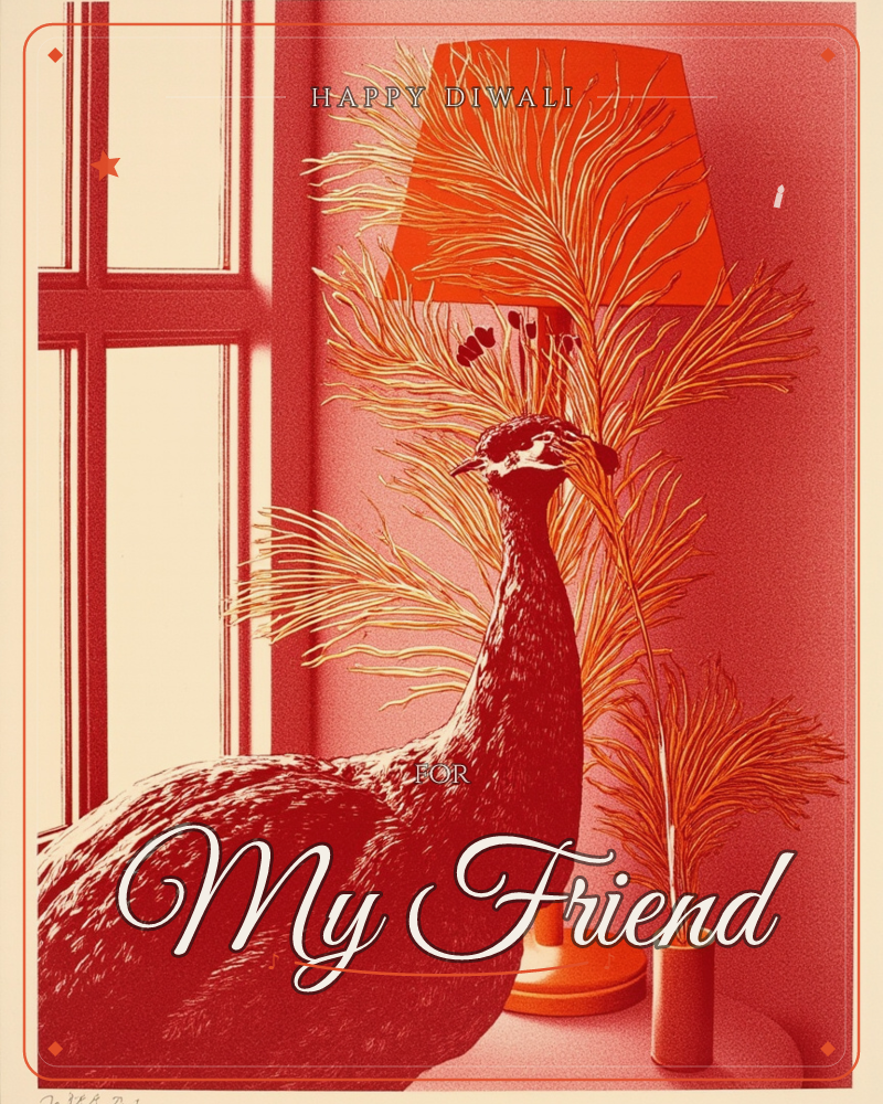 A monochrome red print shows a peacock's long neck and body curving beside a table lamp, its feathery plumes echoing the lamp's fringed shade and a…, a diwali e-card design