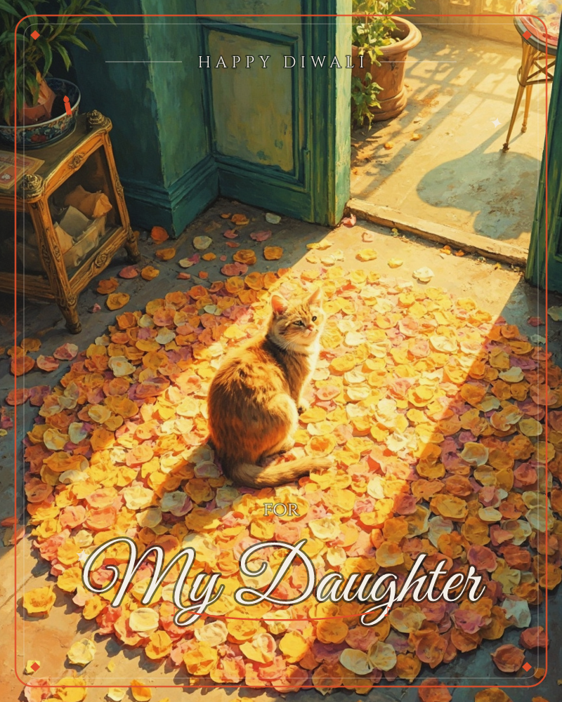 An orange tabby cat sits upright in a doorway, framed by a scattering of golden and pink petals that pool across the stone floor like spilled light, a diwali e-card design