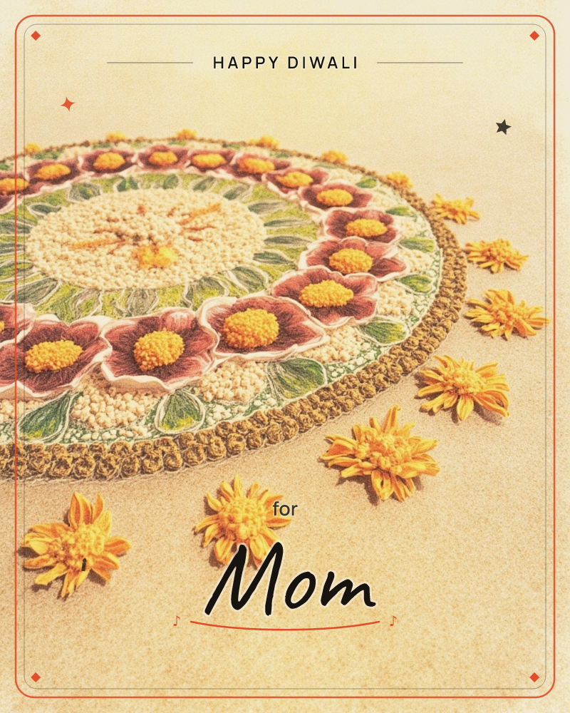 A round mandala made of petals, seeds and rice sits on sandy ground, its rings of rust-pink flowers and green leaves bordered by a twisted braid of…, a diwali e-card design