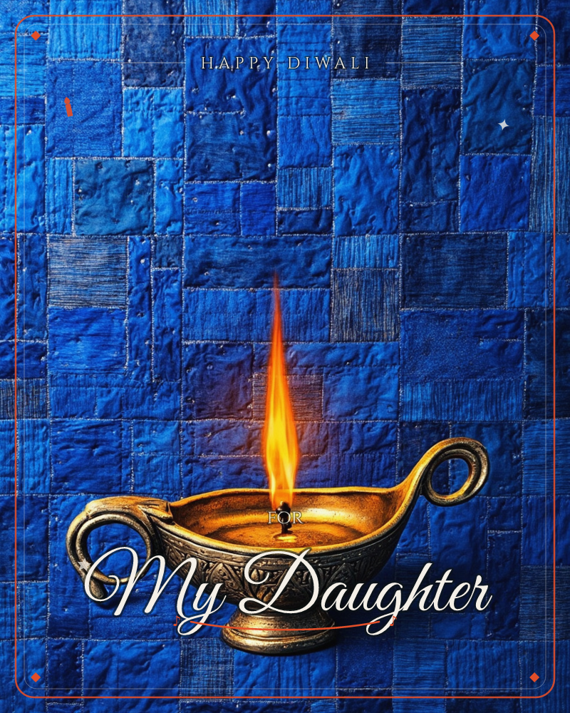 A brass oil lamp with scrolled handles sits against a richly textured wall of deep blue tiles, its single flame burning tall and steady in the pooled oil, a diwali e-card design