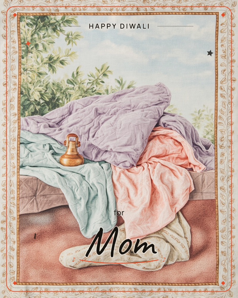 A pile of soft quilted blankets in lavender, seafloam, and peach spills across a terracotta ledge outdoors, with a small brass jug tucked among the…, a diwali e-card design