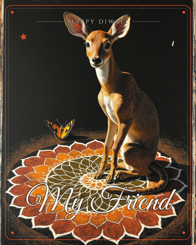 A slender, big-eared deer-like creature sits poised atop a glowing mandala pattern of rust, orange and olive petals, its long tail curling across the…, a diwali e-card design