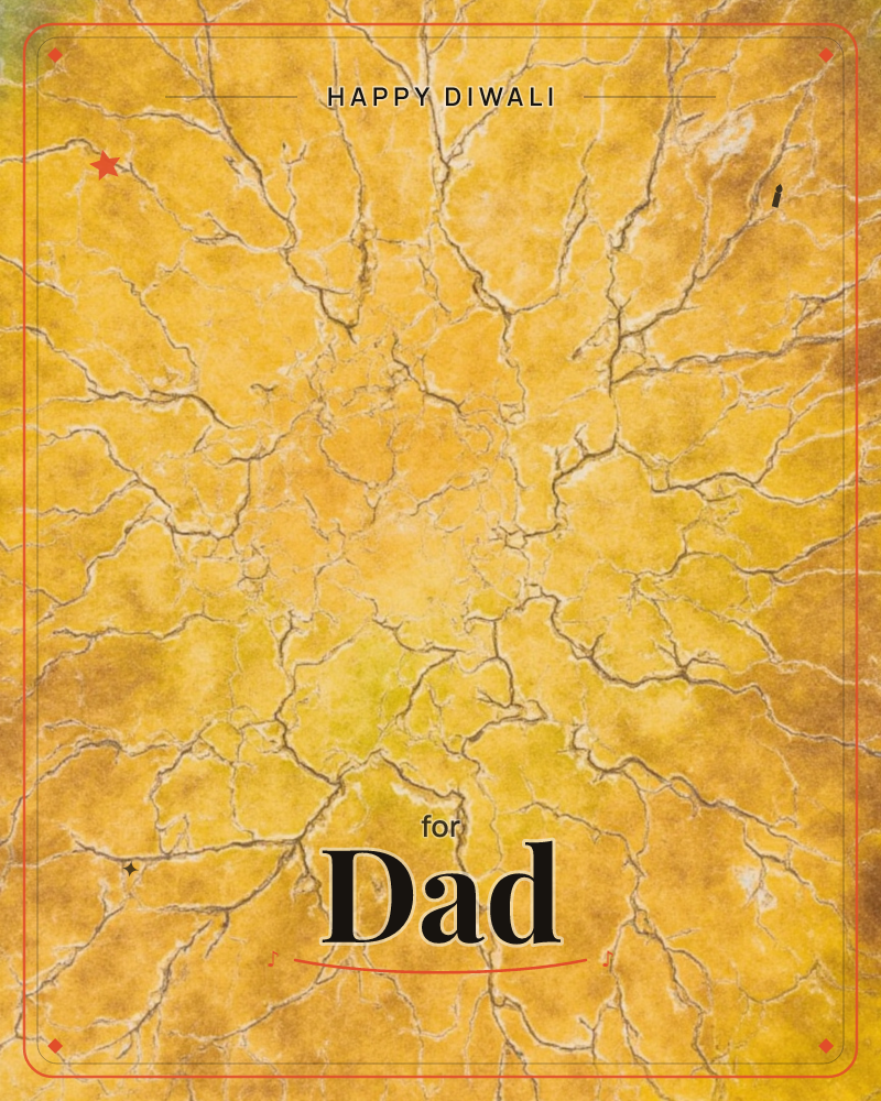 An abstract burst of golden yellow fills the whole card, crossed by fine pale cracks that branch outward from the centre like veins or lightning caught…, a diwali e-card design