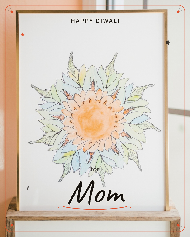 A framed watercolour print shows a single stylised sunflower drawn in fine ink outline, its round orange centre and layered petals radiating out into…, a diwali e-card design