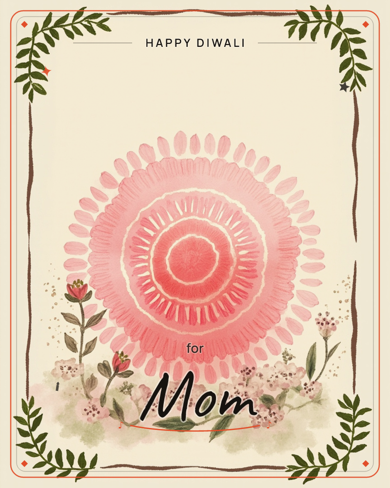 A large mandala-like bloom in layered shades of coral and pink sits at the centre of a cream page, radiating rings of painted petals like a folk-art sun, a diwali e-card design