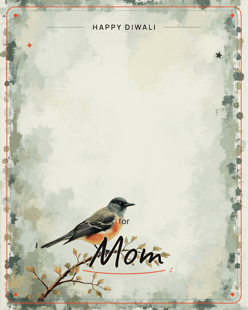 A small robin-like bird with a grey head and soft orange breast perches on a slender branch dotted with tiny leaves, set against a mottled, weathered…, a diwali e-card design
