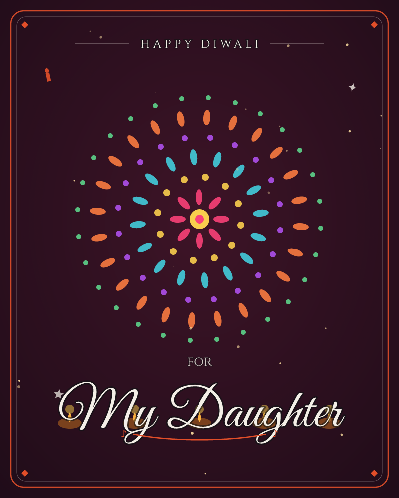A single radiant firework burst hangs frozen in a deep maroon night sky, its rings of orange petals, teal dashes, purple dots and golden centres…, a diwali e-card design by @DittyCityTeam