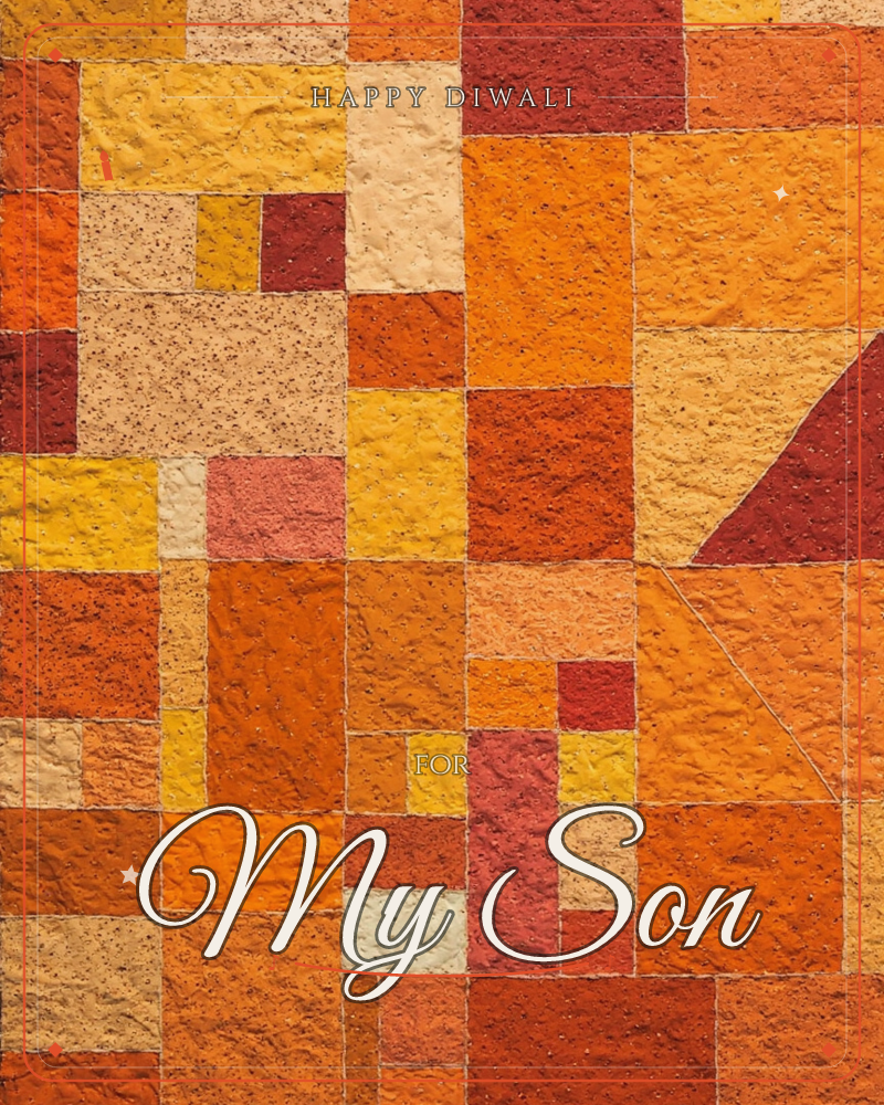 An abstract patchwork of textured rectangles and blocks in warm sunset tones, fitted together like a hand-cut quilt or aerial map of terraced fields, a diwali e-card design