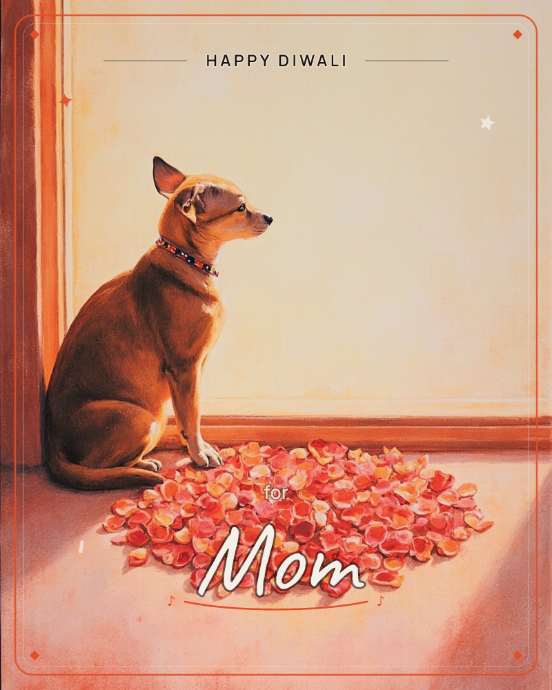 A small tan dog with a beaded collar sits alert on a warm terracotta floor, gazing off to the side near a doorway, a diwali e-card design