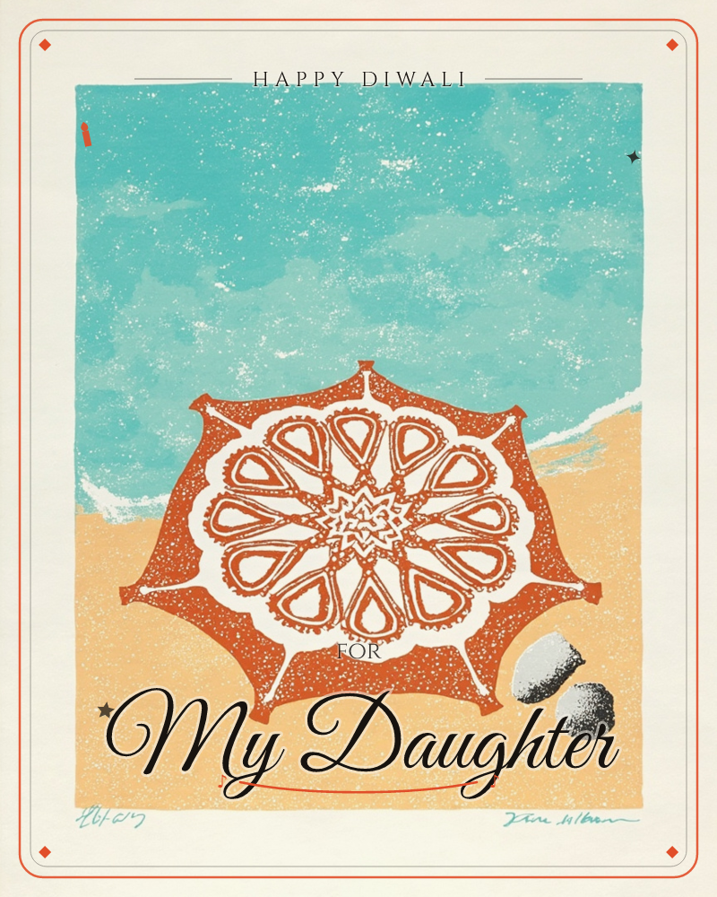 A patterned beach umbrella sits open on sandy shore, its rust-orange canopy printed with an intricate mandala of teardrop shapes radiating from a…, a diwali e-card design