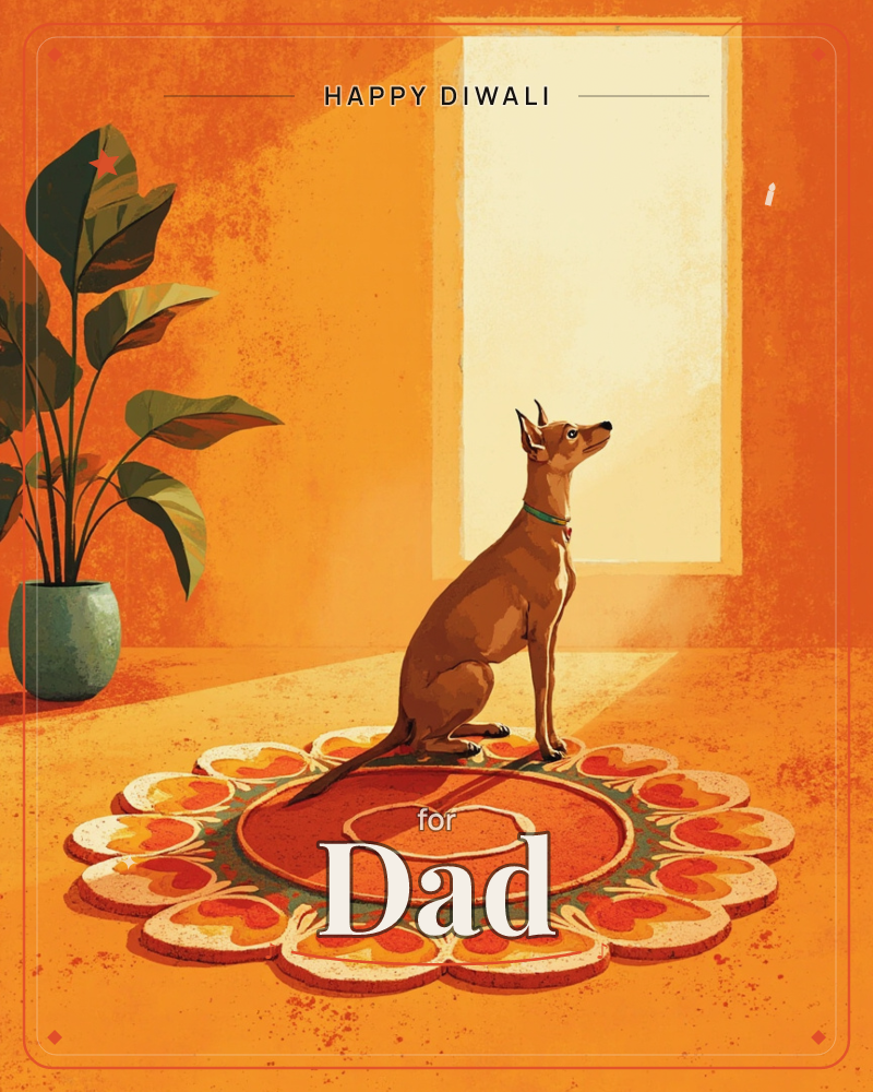 A slender tan dog with a teal collar sits alert on a flower-shaped rug patterned with hearts, gazing toward a glowing doorway, a diwali e-card design