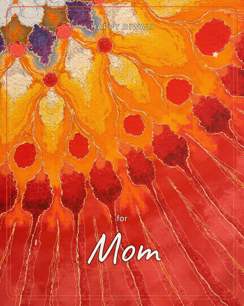 An abstract textured painting bursts with fiery blooms in orange, gold and red, each flower-like form trailing thin gold lines downward like roots or rays, a diwali e-card design