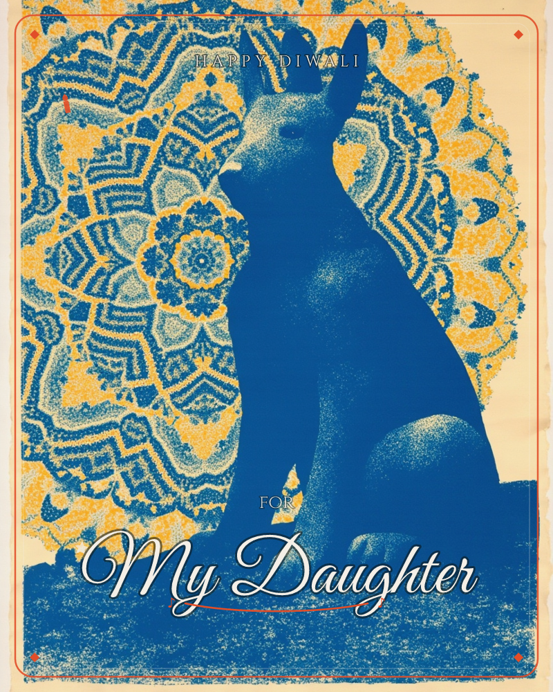 A cobalt blue rabbit sits in silhouette, its head lifted, framed by a large mandala of intricate golden and blue patterned lace radiating behind it…, a diwali e-card design