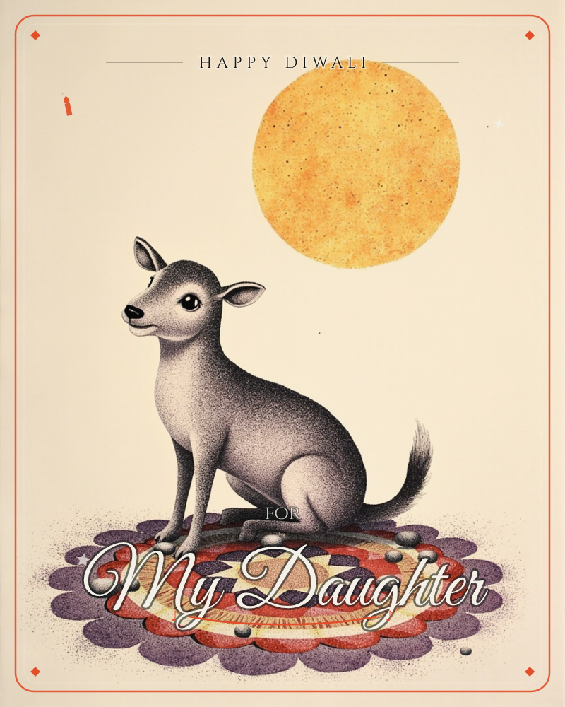 A stippled illustration of a small grey dog sitting neatly on an ornate mandala-style rug, its tail curled and ears alert, gazing up at a large…, a diwali e-card design