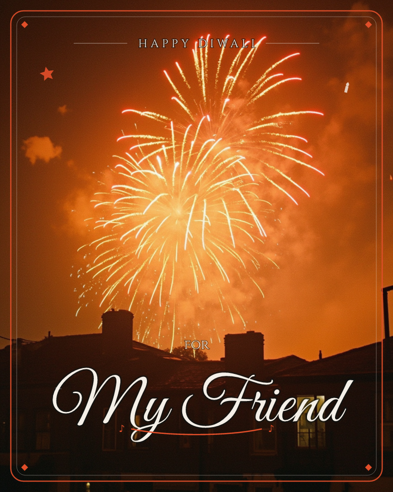 A burst of golden fireworks explodes above a row of rooftop chimneys, its trails fading into red at the edges against a smoke-hazed orange sky, a diwali e-card design