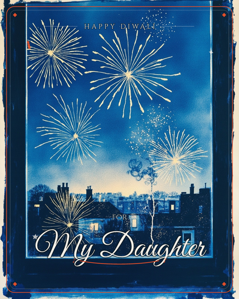 A cyanotype-style print shows a deep blue night sky bursting with pale gold fireworks over a row of rooftop chimneys and lit windows, a diwali e-card design