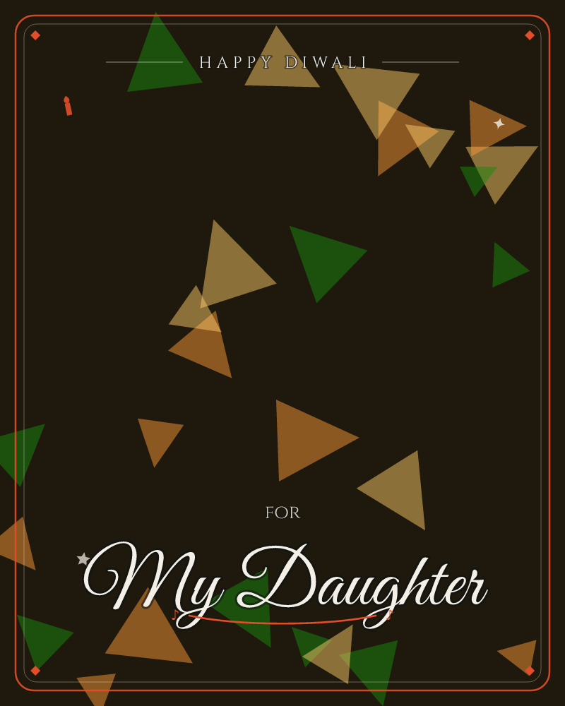 A scatter of translucent triangles in warm amber, ochre and forest green drifts across a near-black background, some clustering densely near the top…, a diwali e-card design by @DittyCityTeam