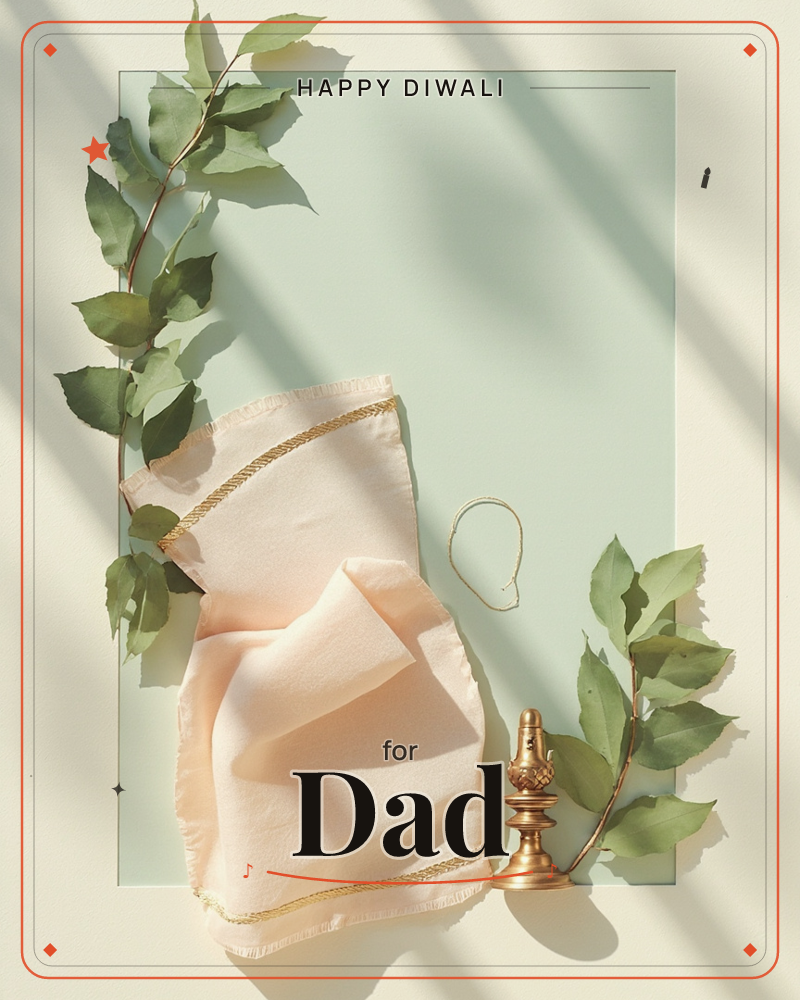A flatlay against a soft mint-green panel shows a folded blush-pink linen cloth trimmed in gold thread, draped beside a small brass ornamental stand…, a diwali e-card design