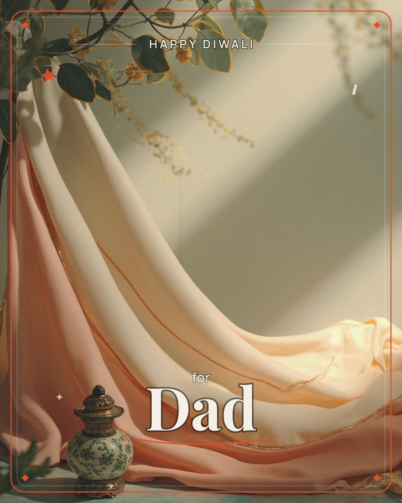 A length of peach and cream silk drapes in soft folds beneath a branch of small leaves and delicate yellow blossoms, with a porcelain ginger jar…, a diwali e-card design